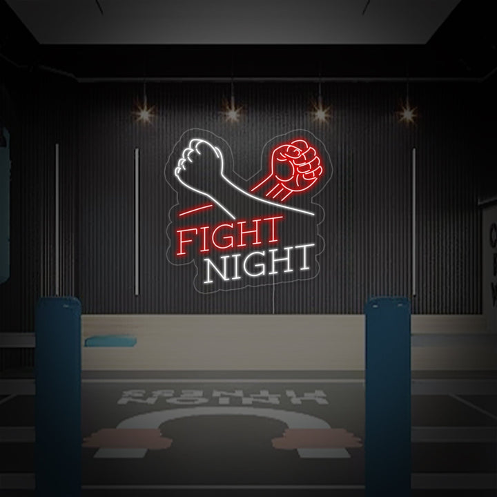 Close-up of the luminous "Fight Night" neon graphic design on its durable mounting backboard.