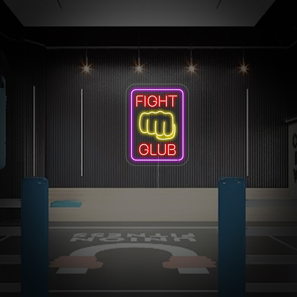 Close-up detailed view of the 'Fighting Club' neon sign design with realistic tubing on a clear acrylic backing board against an industrial brick and concrete wall.