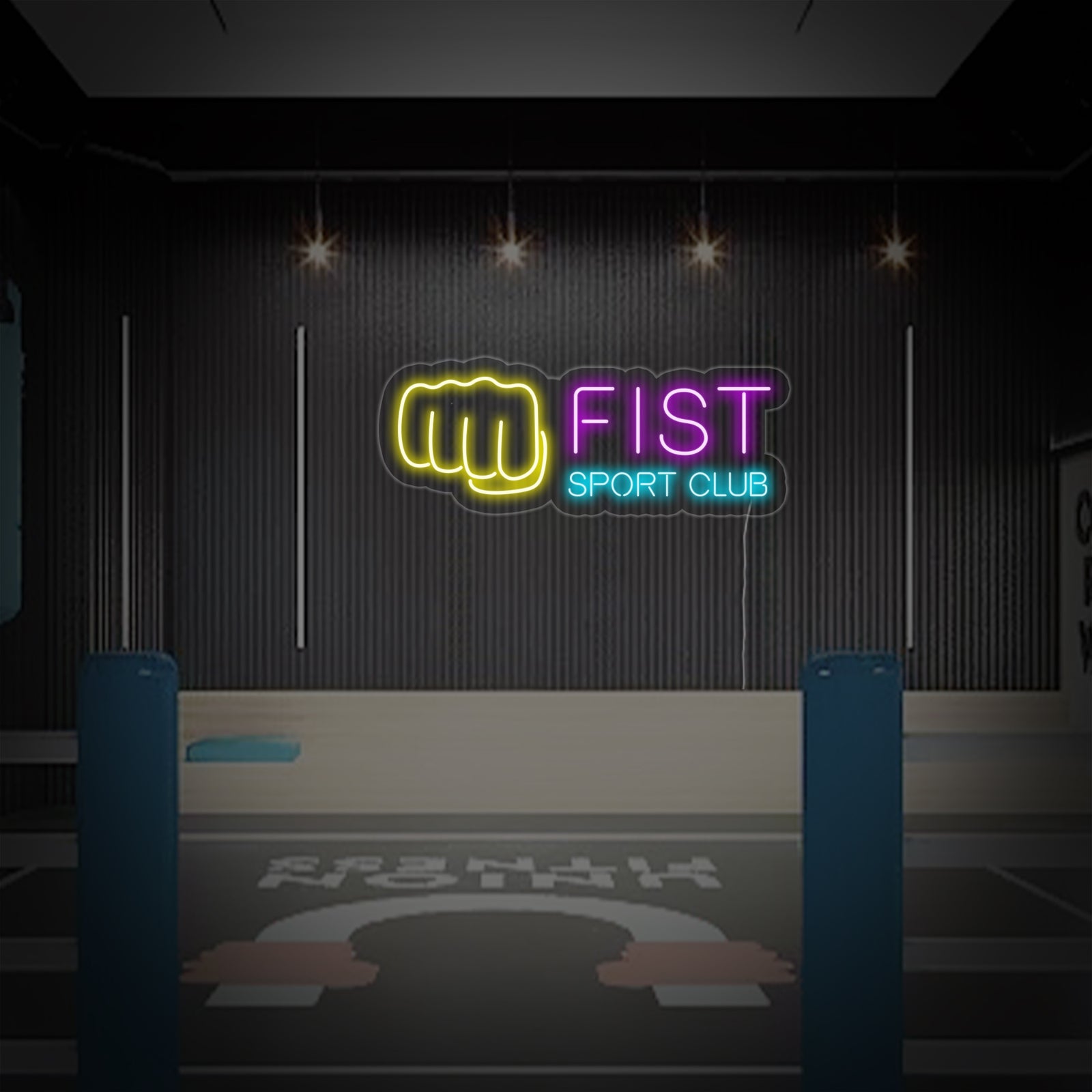 Close-up of the 'Fighting Fist Sport Club' neon sign showing the physical tubing structure and construction.