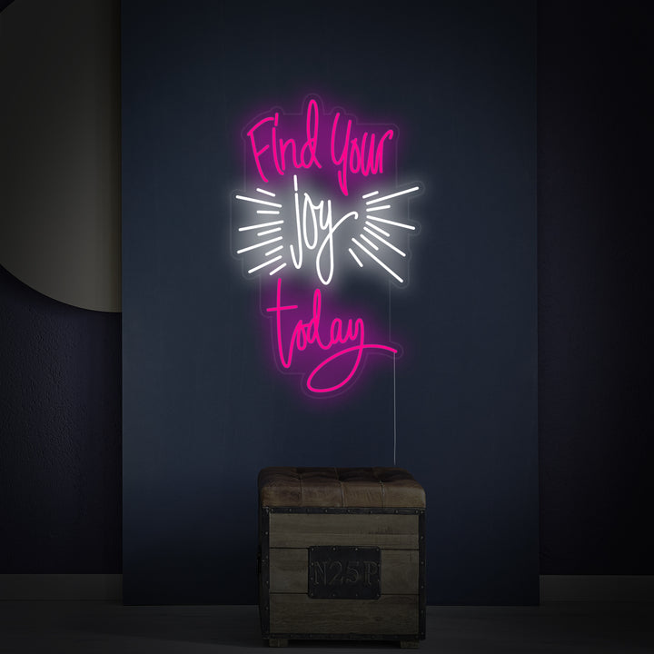 'Find Your Joy Today' white cursive neon sign on a clean, light gray wall.