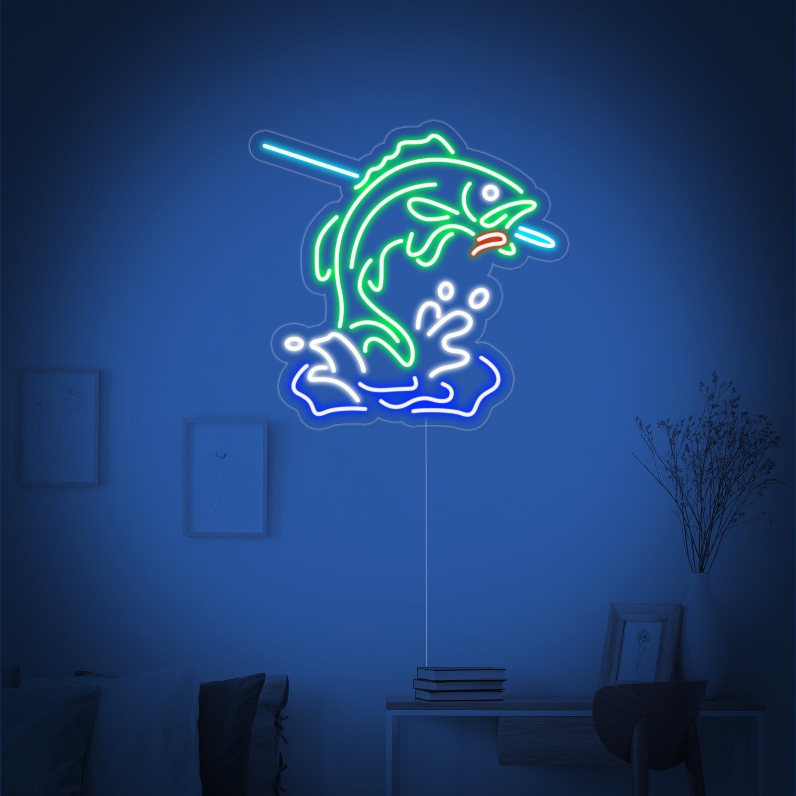 Detailed product visualization of the 'Fish Logo' neon sign mounted against a plain dark wall, showcasing the acrylic backing and wire connection.