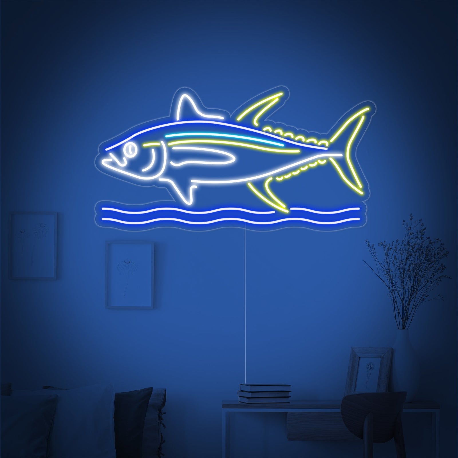 Closeup of the glowing red 'Fish' neon sign tubing and clear backing.