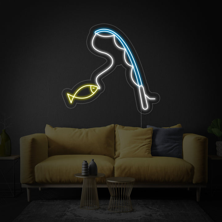 A detailed view of the 'Fishing' neon sign on a textured grey background with bright lighting.