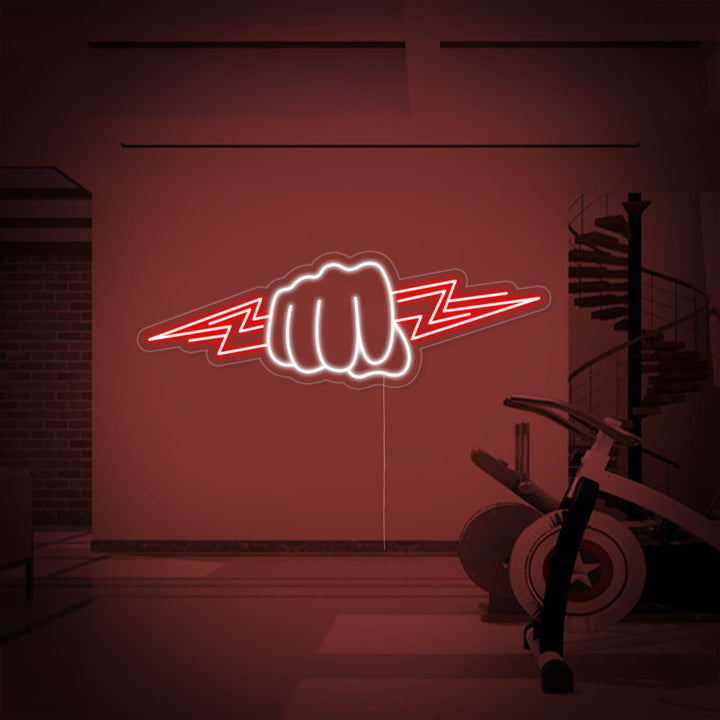 A graphic design mockup of a neon sign showing a yellow clenched fist being struck by an orange lightning bolt.