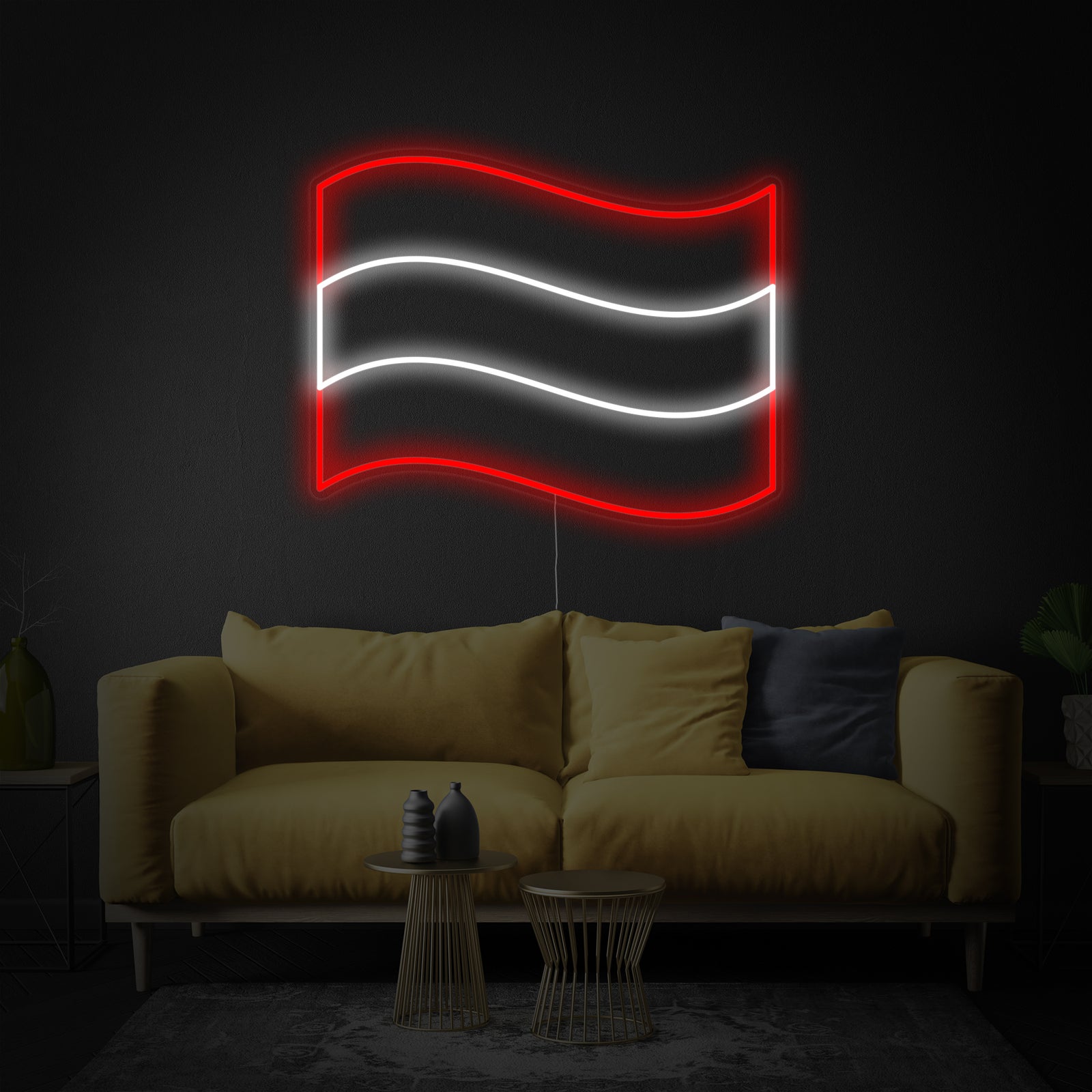 A product shot of the Flag of Austria horizontal red and white stripes neon sign illuminated against a neutral dark wall.
