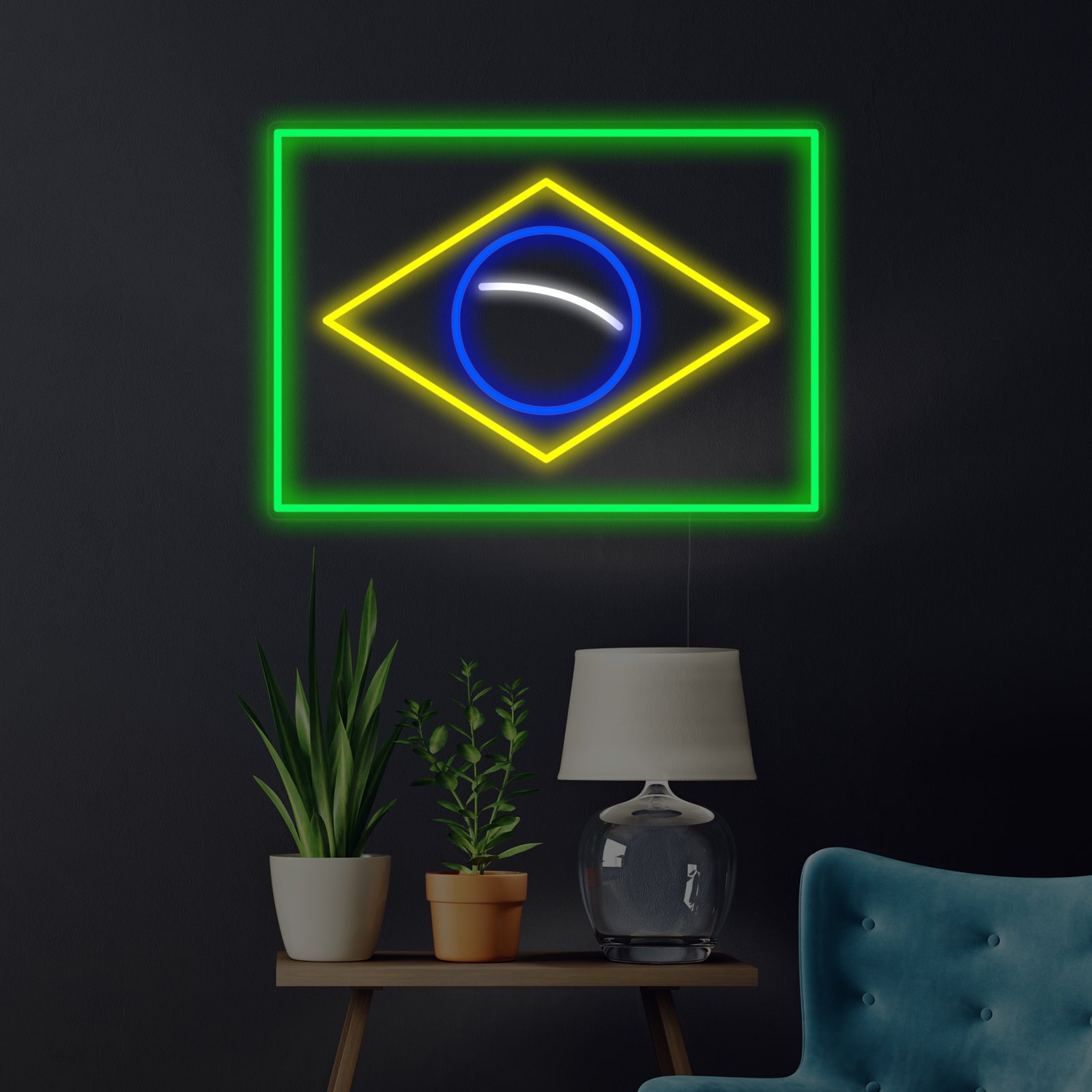 A digital rendering of the 'Flag of Brazil' neon sign graphic glowing against a modern, neutral-toned wall.