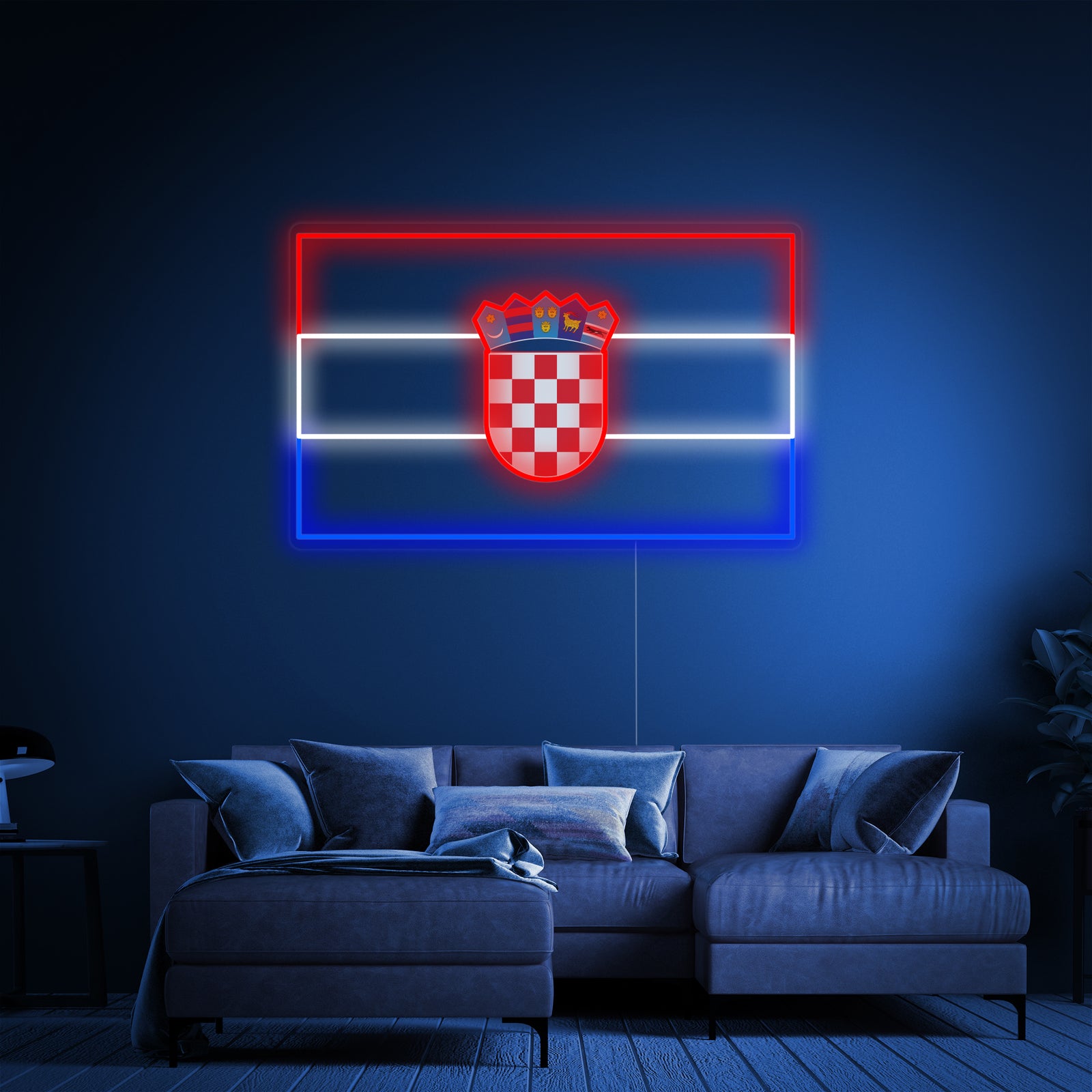 A closer view of the 'Flag of Croatia' neon sign, emphasizing the detailed glowing chequy pattern and crest of the coat of arms.