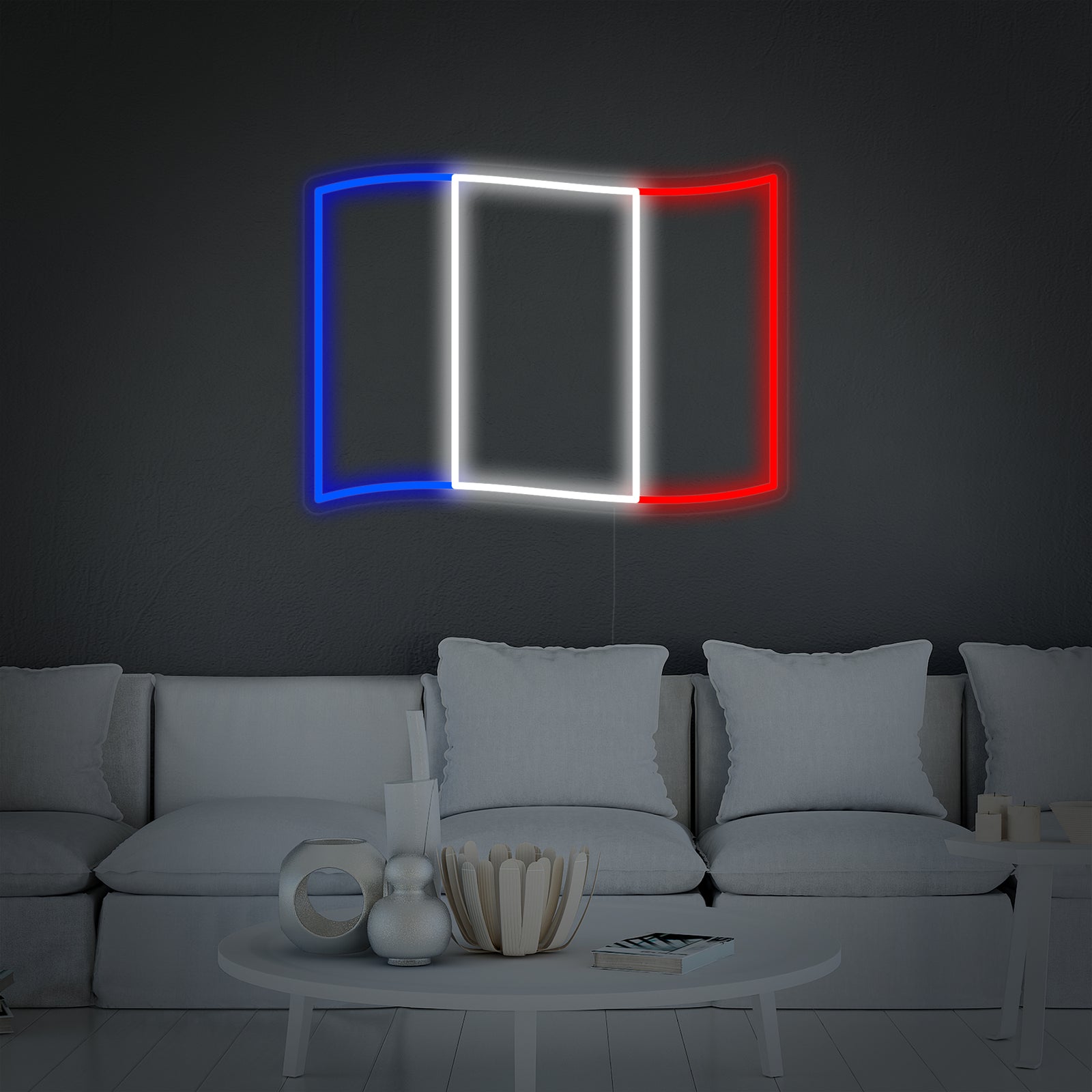 A detailed product shot of the 'Flag of France' neon sign rendered in a clean, contemporary room.