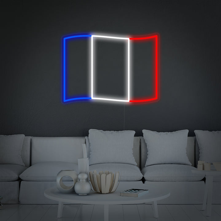 A detailed product shot of the 'Flag of France' neon sign rendered in a clean, contemporary room.