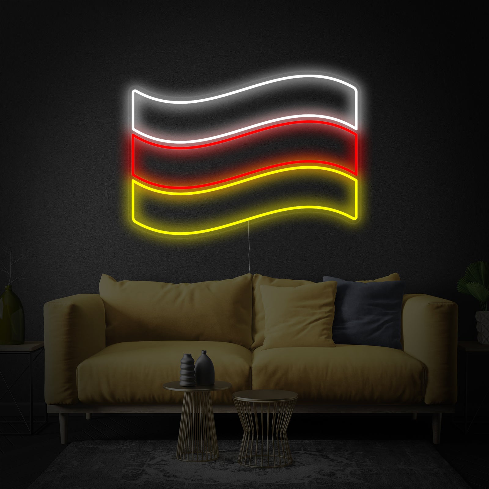 Mockup of the Germany flag neon sign showing the black, red, and gold colors illuminated in a bedroom.