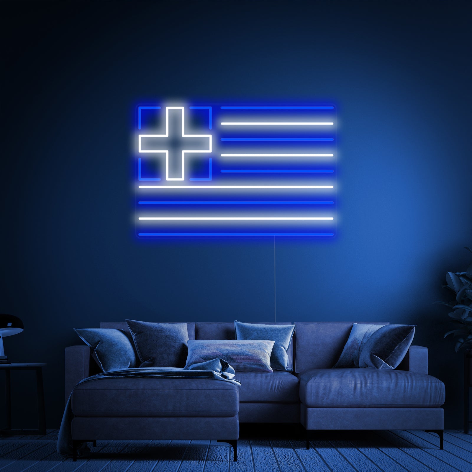 Flag of Greece neon sign with visible tubing and clear backing mounted on a modern blue wall in a stylized living room