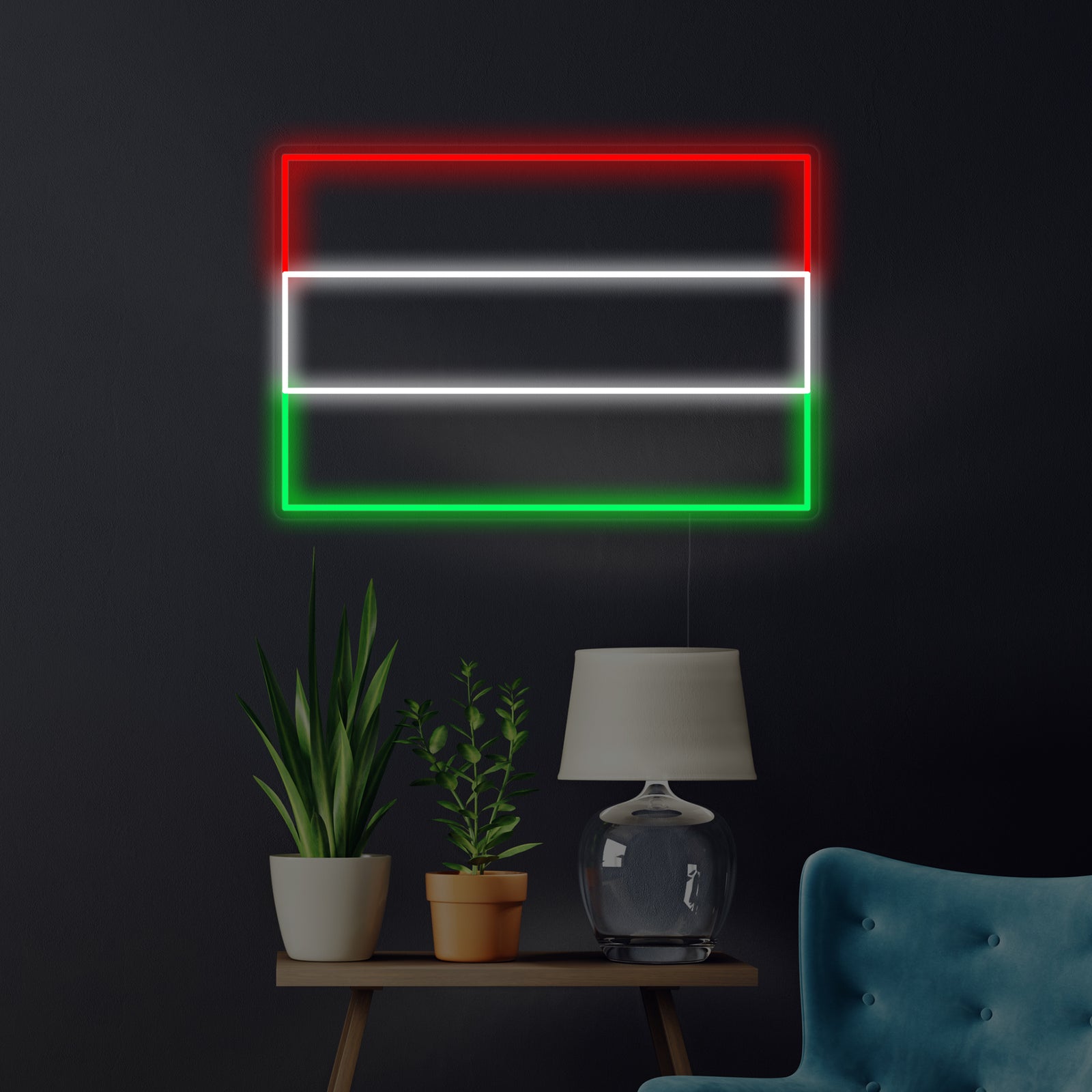 A flat vector graphic illustration of a Flag of Hungary neon sign glowing with red, white, and green rectangular outlines.
