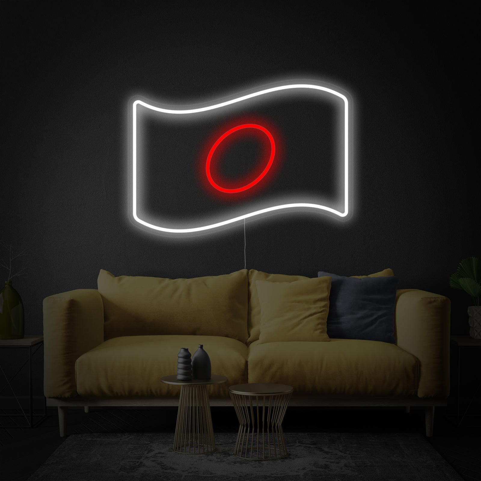 A glowing Flag of Japan neon sign on a clear acrylic backer against a dark, textured wall.