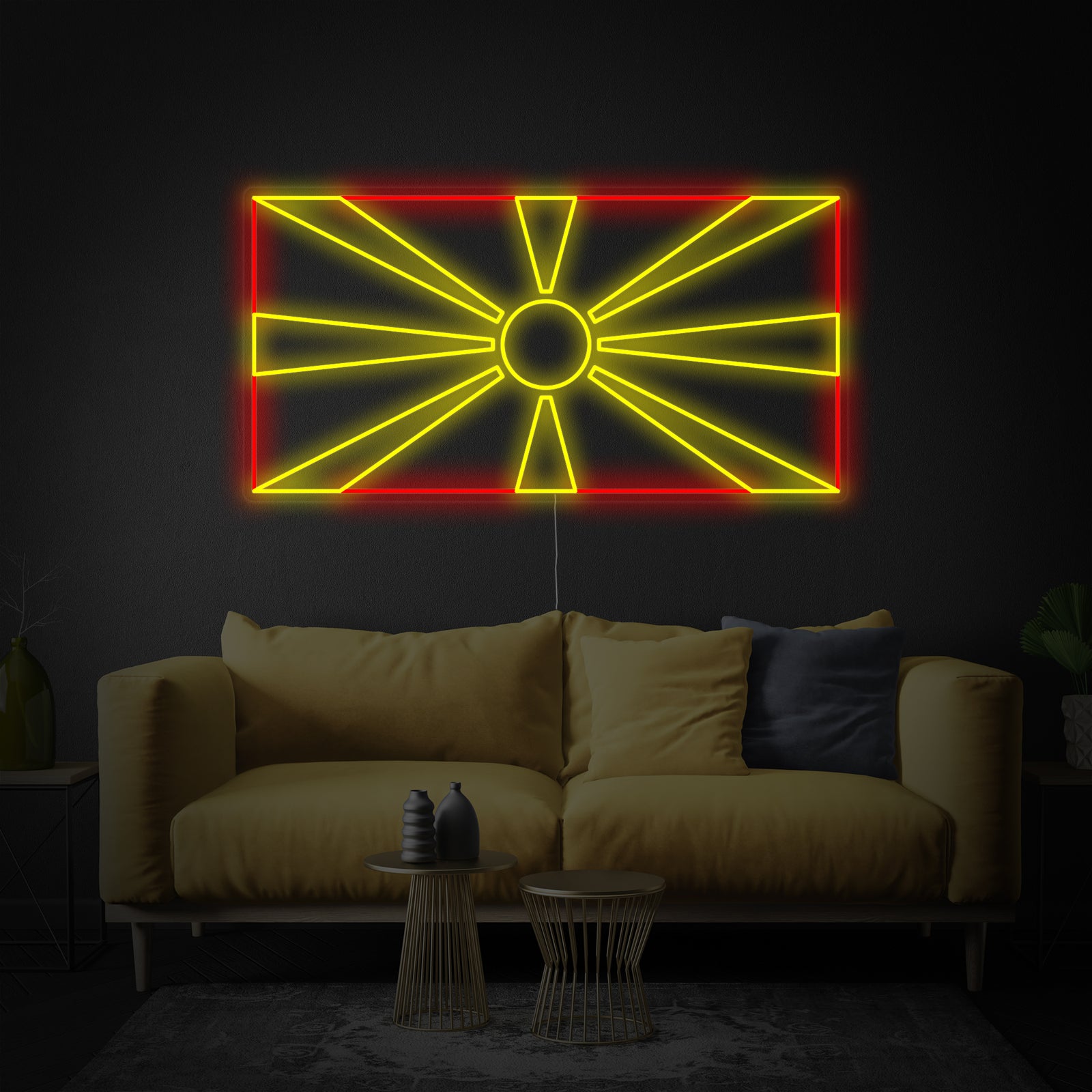 A graphic rendering of the Flag of North Macedonia as a neon sign concept with glowing outlines.