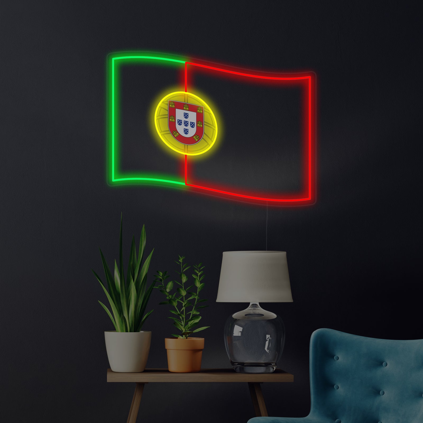 A glowing representation of the Flag of Portugal as a neon sign centered on a dark background.