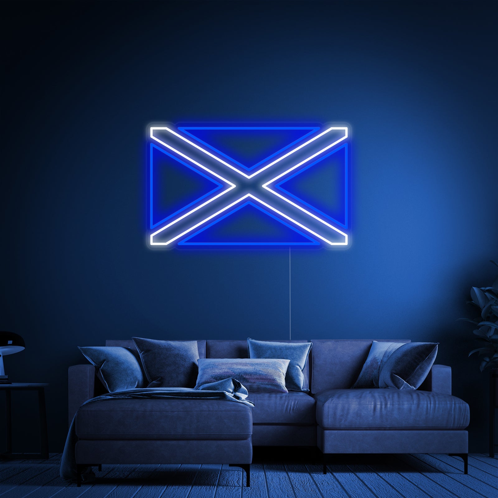 The official Flag of Scotland neon sign design featuring the white St. Andrew's Cross on a blue background.