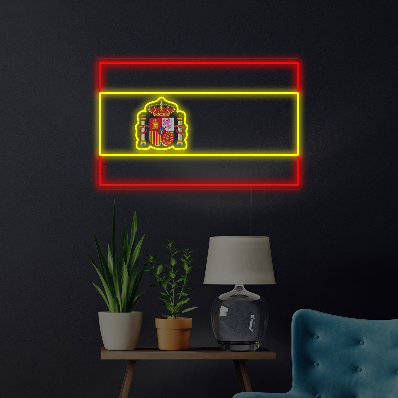 A glowing Flag of Spain neon wall sign with distinct red and yellow stripes and central crest, ideal for Spanish-themed decor.