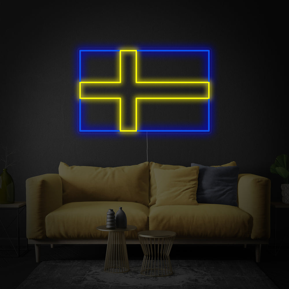 Flat graphic design mockup showing the blue and yellow Swedish flag pattern as a neon sign