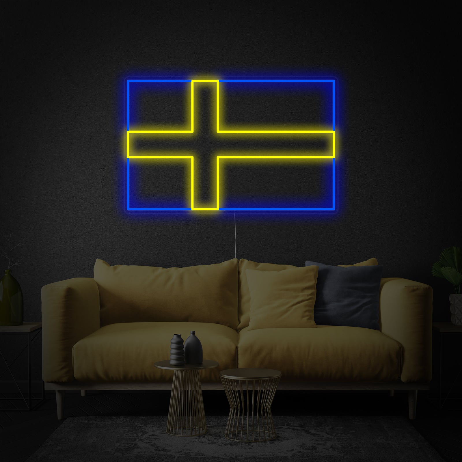 Flat graphic design mockup showing the blue and yellow Swedish flag pattern as a neon sign