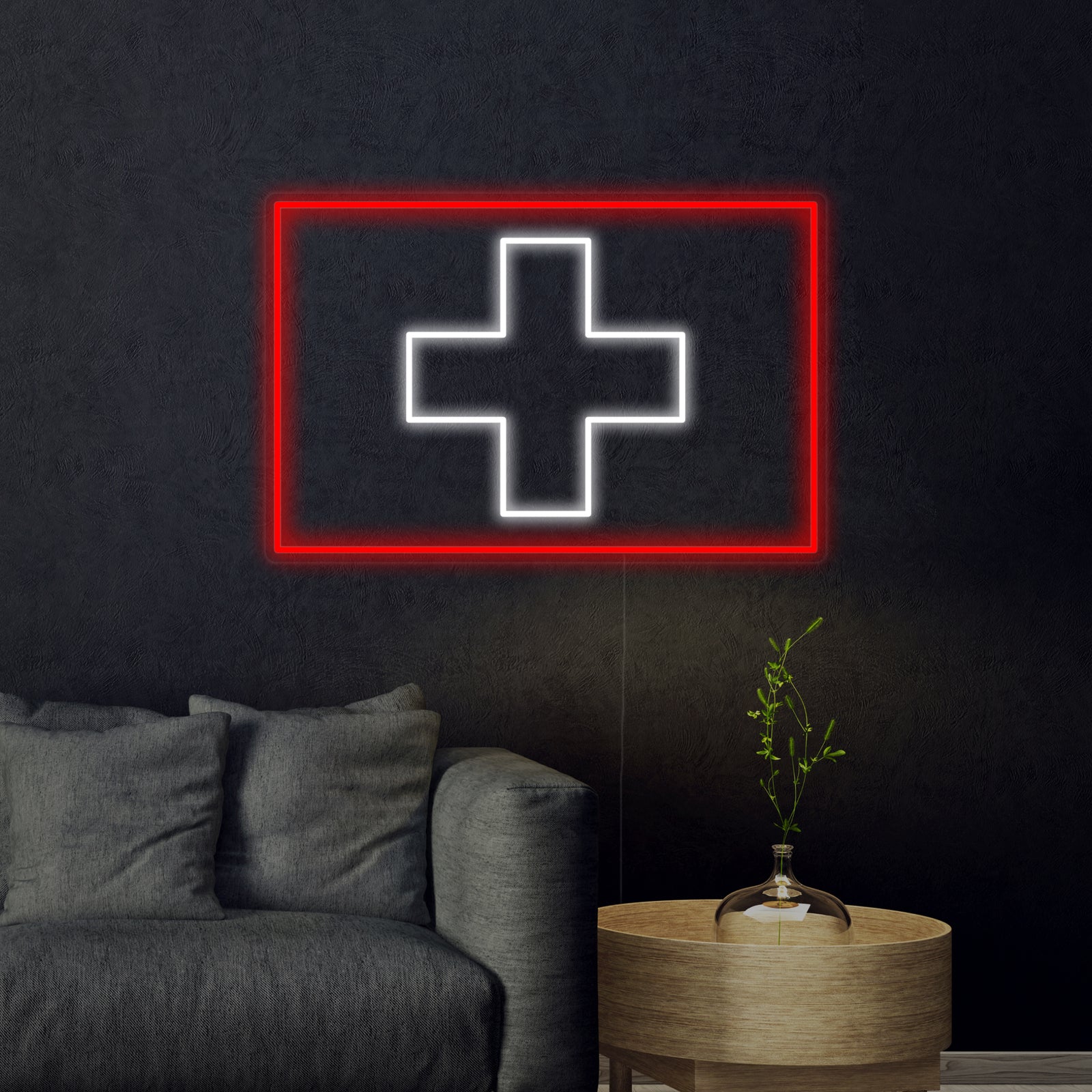 A detailed view of a Flag of Switzerland neon sign, showing the glowing white cross on a red background.