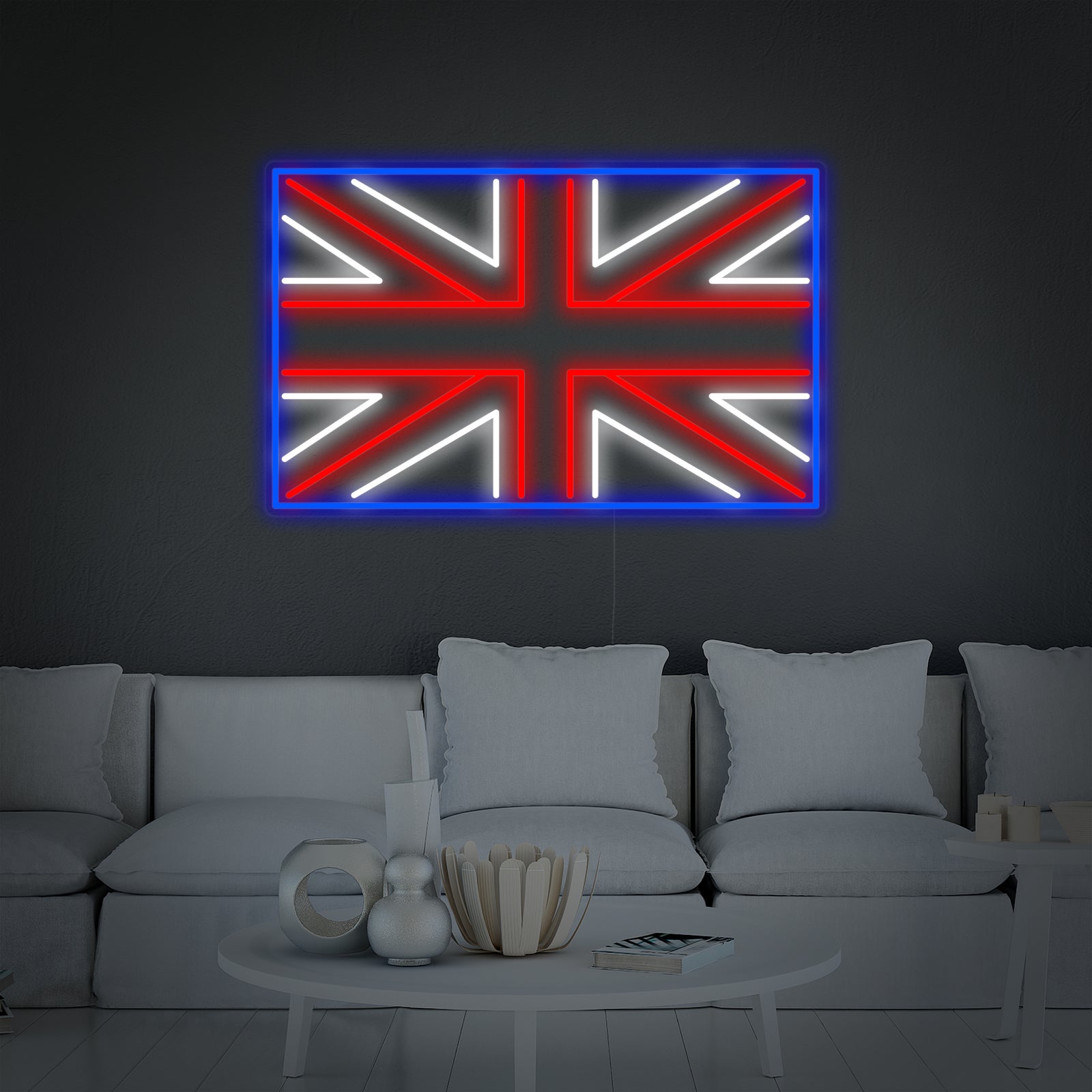 A stylish Flag of UK neon sign illuminating a modern living room setting, creating a vibrant focal point and patriotic ambiance.