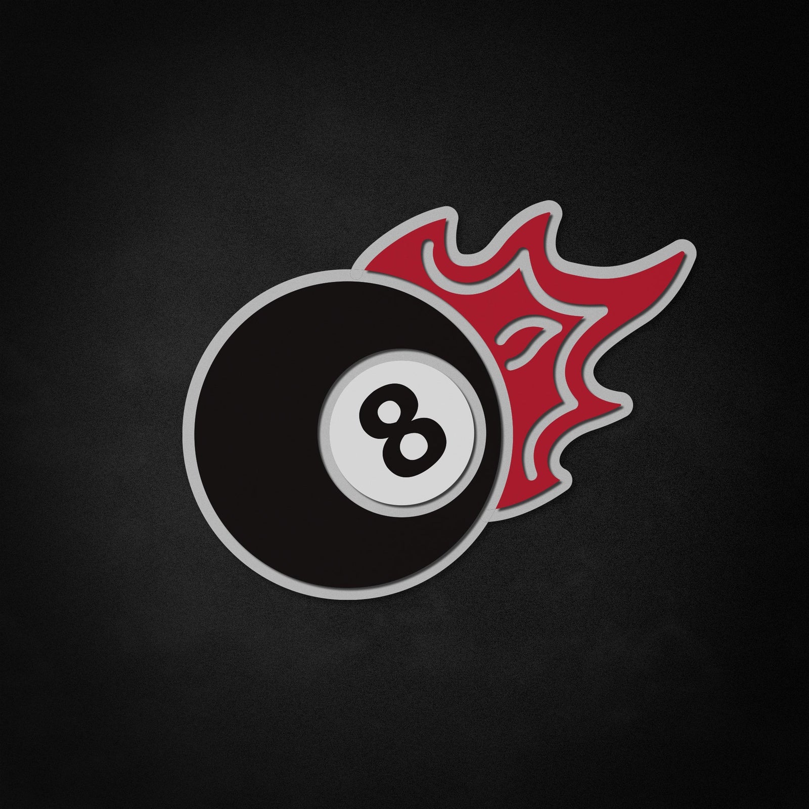 A flat graphic illustration of a flaming eight ball neon style sign composited onto a dark textured background.