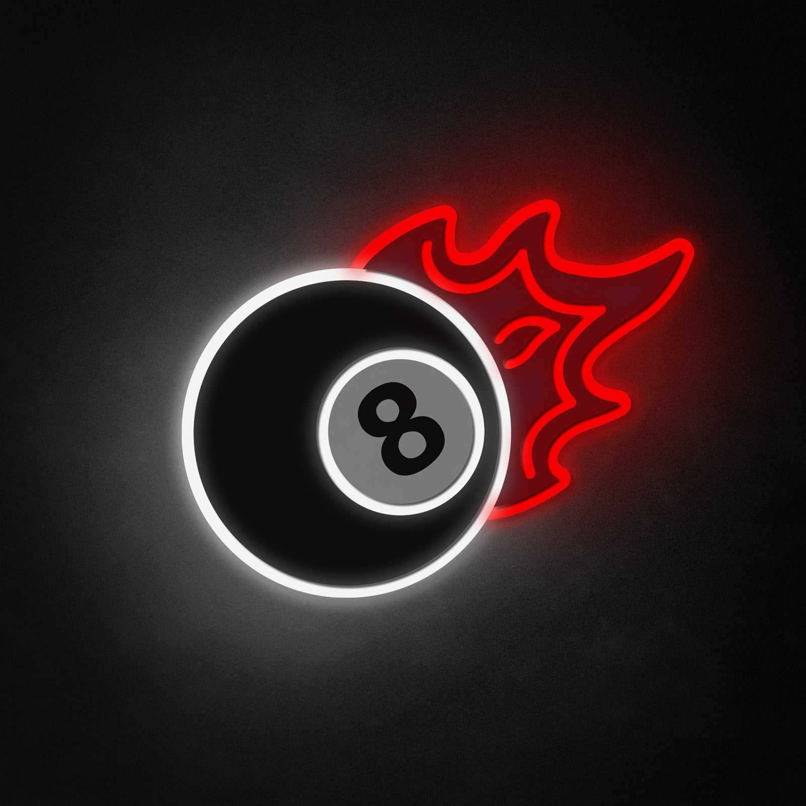 A graphic design mockup of a neon like sign featuring a black eight ball surrounded by orange and yellow flames against a grey brick wall.