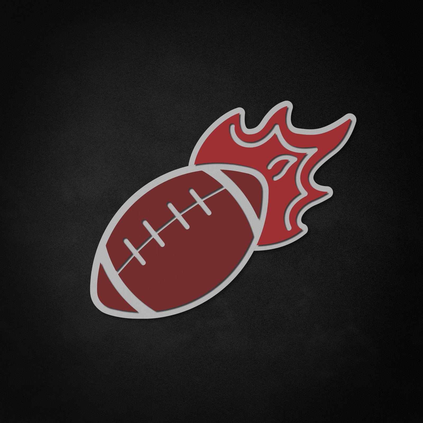A close-up view focusing on the detailed graphic and simulated 3D glow effects of the flaming football neon-like sign design.
