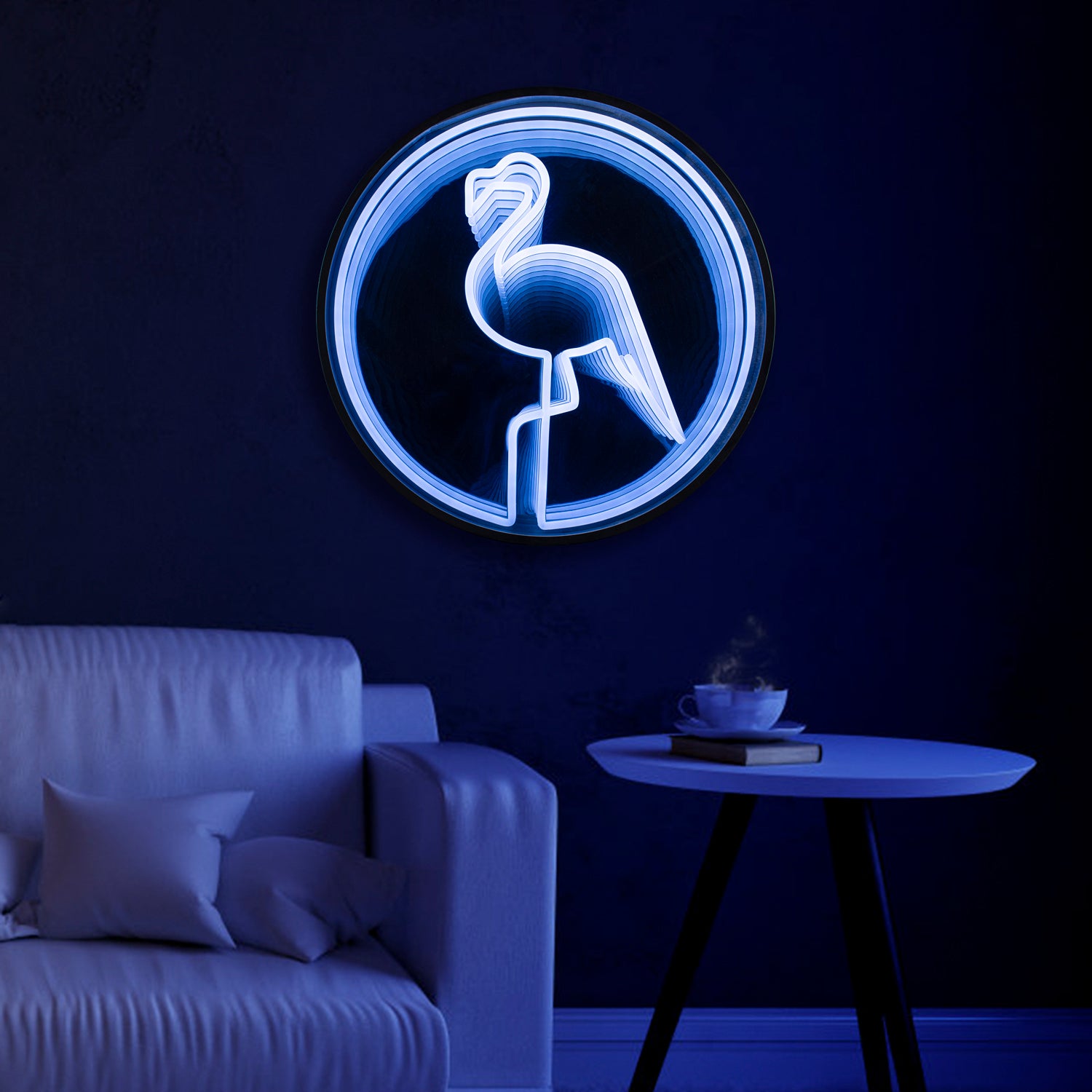 Close-up of a pink flamingo 3D infinity neon sign showing the infinite reflection effect