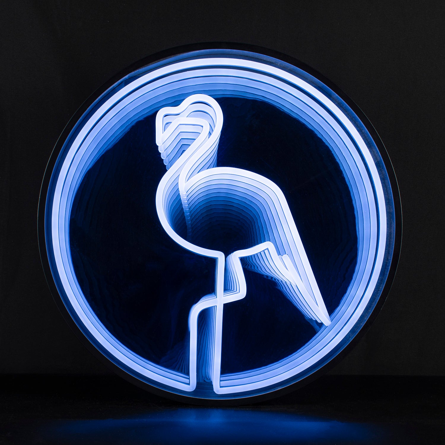 Round 3D infinity neon sign featuring a glowing pink flamingo in a blue circle