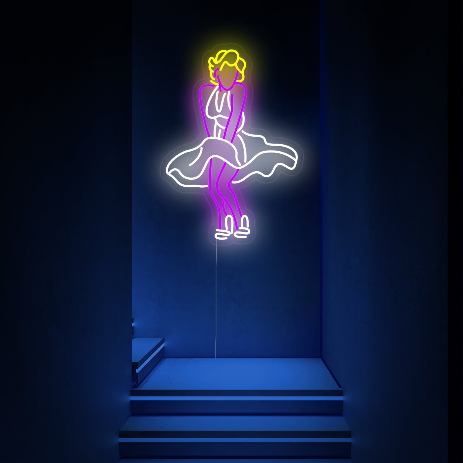 A flat vector graphic illustration of a neon sign depicting a female dancer spinning with a trailing skirt, glowing with a purple and magenta gradient on a dark background.