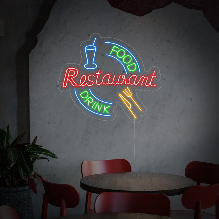 A clear design mockup of the 'Food And Drink Restaurant' neon sign showing the distinct tubes and acrylic backing.