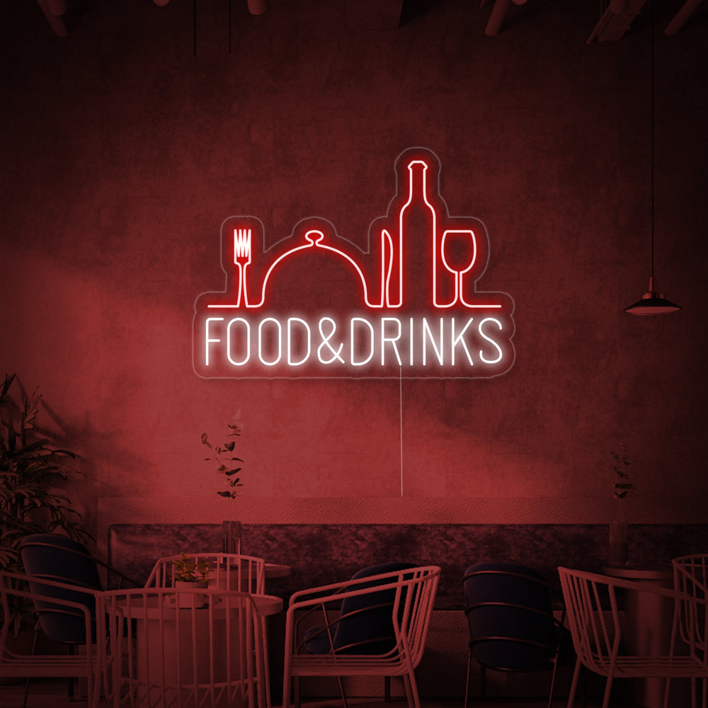 An indoor view of the same neon sign, showcasing the clear tubing and acrylic backing as it hangs above a lively, well-stocked bar area.