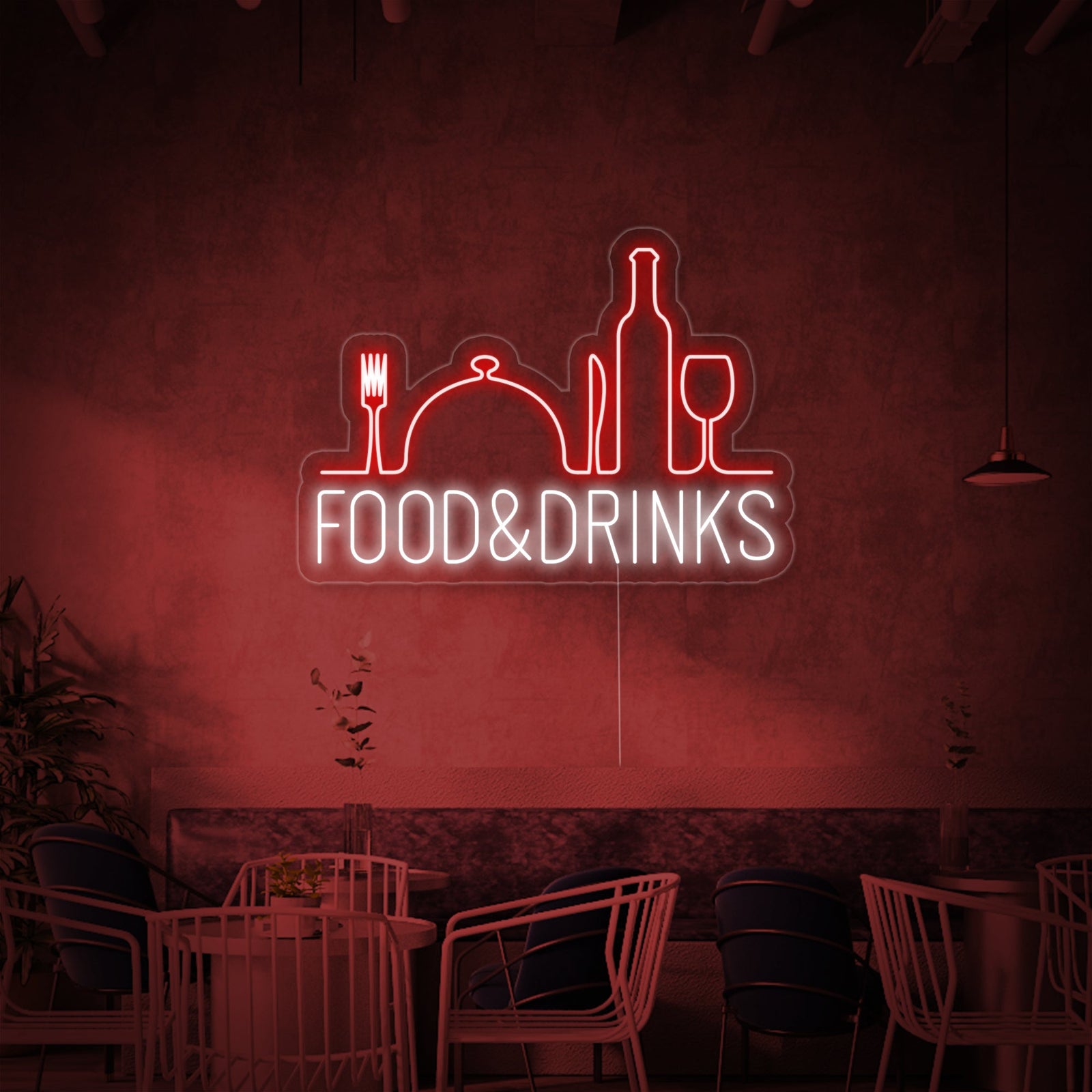 An indoor view of the same neon sign, showcasing the clear tubing and acrylic backing as it hangs above a lively, well-stocked bar area.