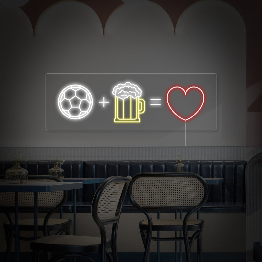 Close-up view of the "Football Beer Love" neon sign showing the design and physical details like the hanging hardware.
