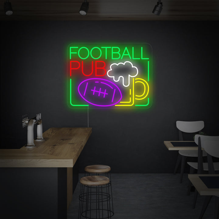 A vibrant Football Beer Pub neon sign hanging on a textured wall within a dimly lit, welcoming pub environment.