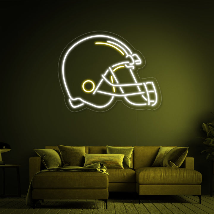 A glowing blue American football helmet neon sign mounted on a textured brick wall, showcasing its detailed construction.