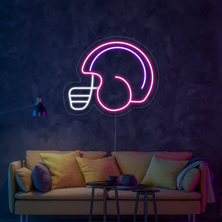 Close-up of the glowing blue Football Player Helmet neon sign showing the tubing and clear acrylic backing.
