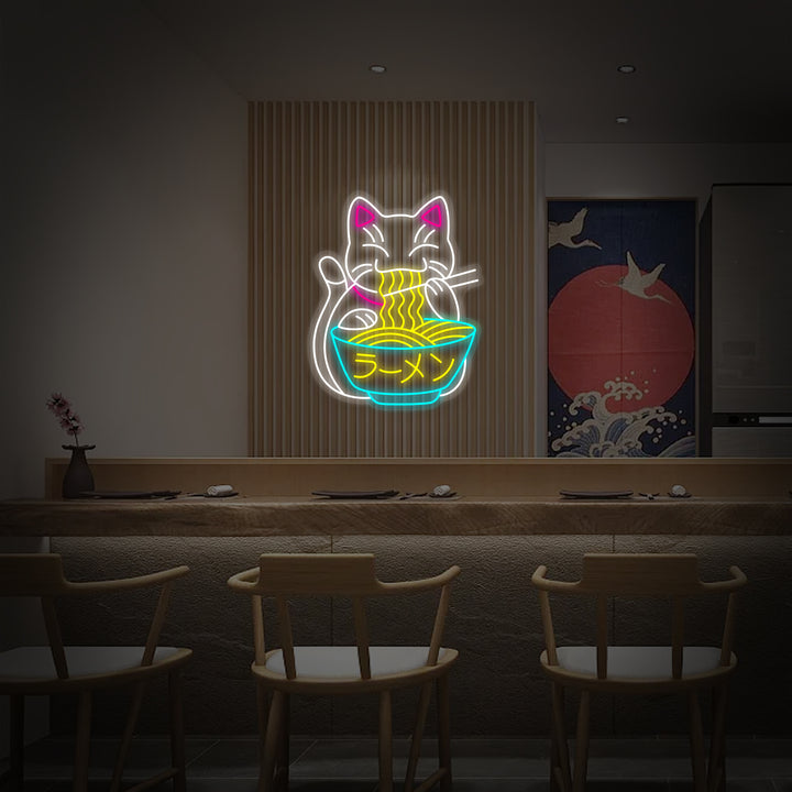 "Fortune Cat" Neon Sign, Ramen Cat Neon Sign, Japanese Noodles Neon Sign