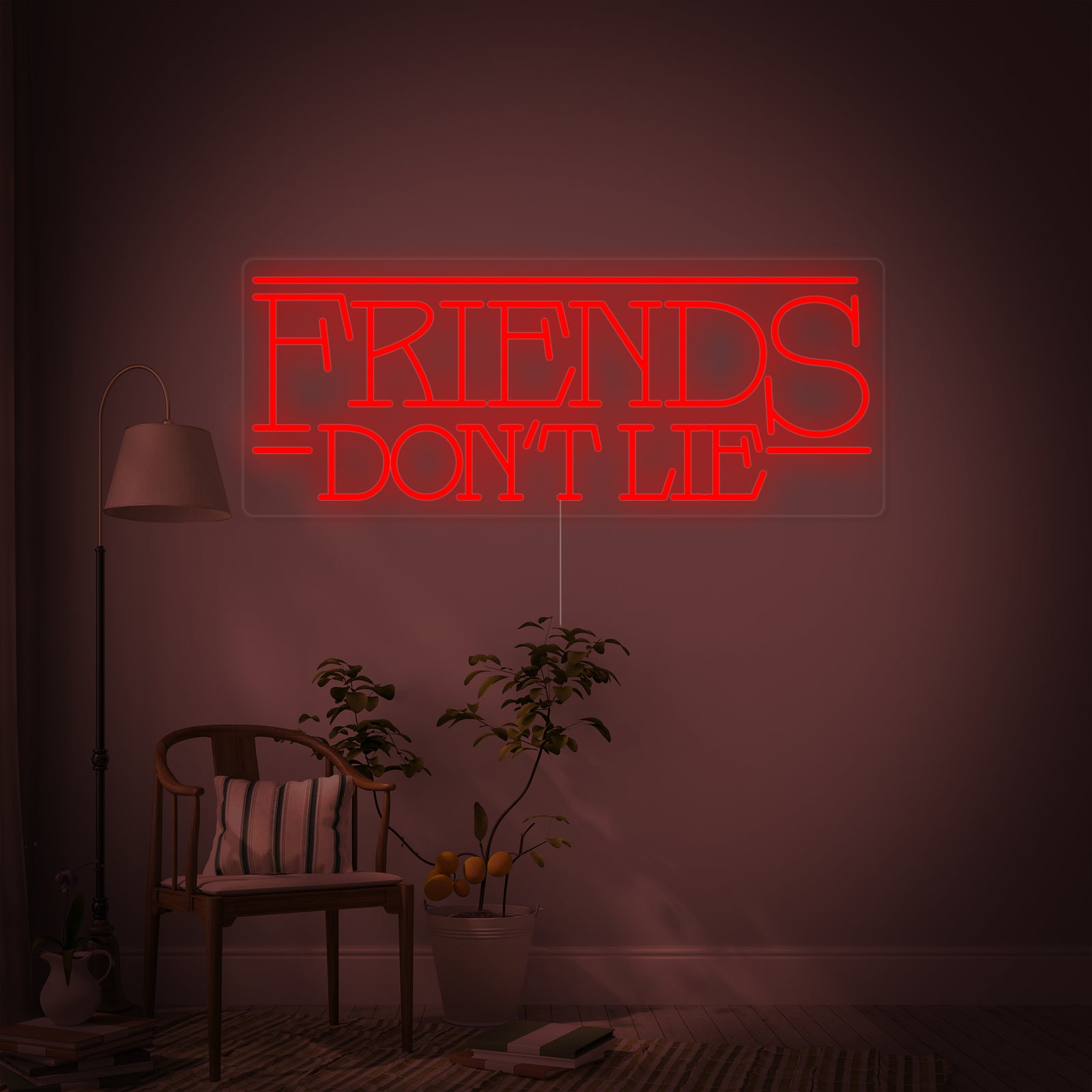 A clean graphic representation of the 'Friends Don't Lie' phrase as a neon sign design, glowing brightly against a dark, slightly textured background, emphasizing the text and outline.