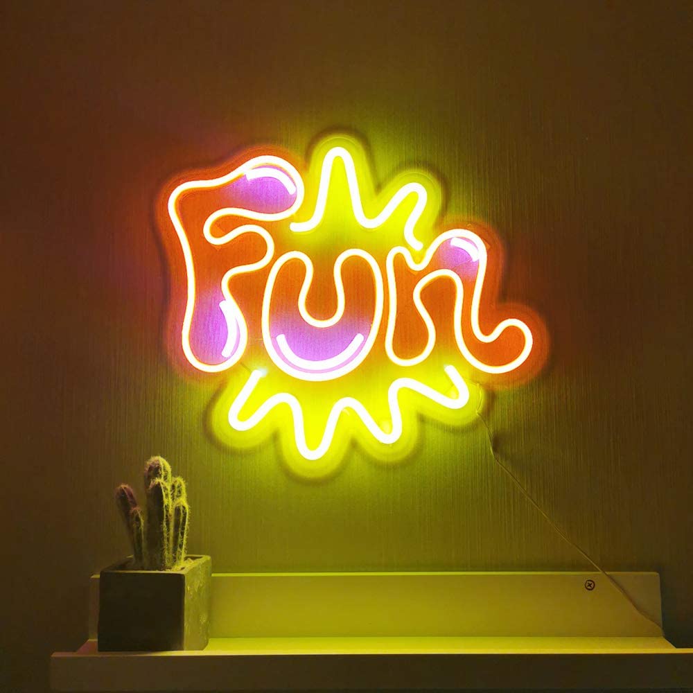 A vibrant 'Fun Art' neon wall sign featuring a playful, abstract bubble design in purple, blue, yellow, pink, and white glowing colors.