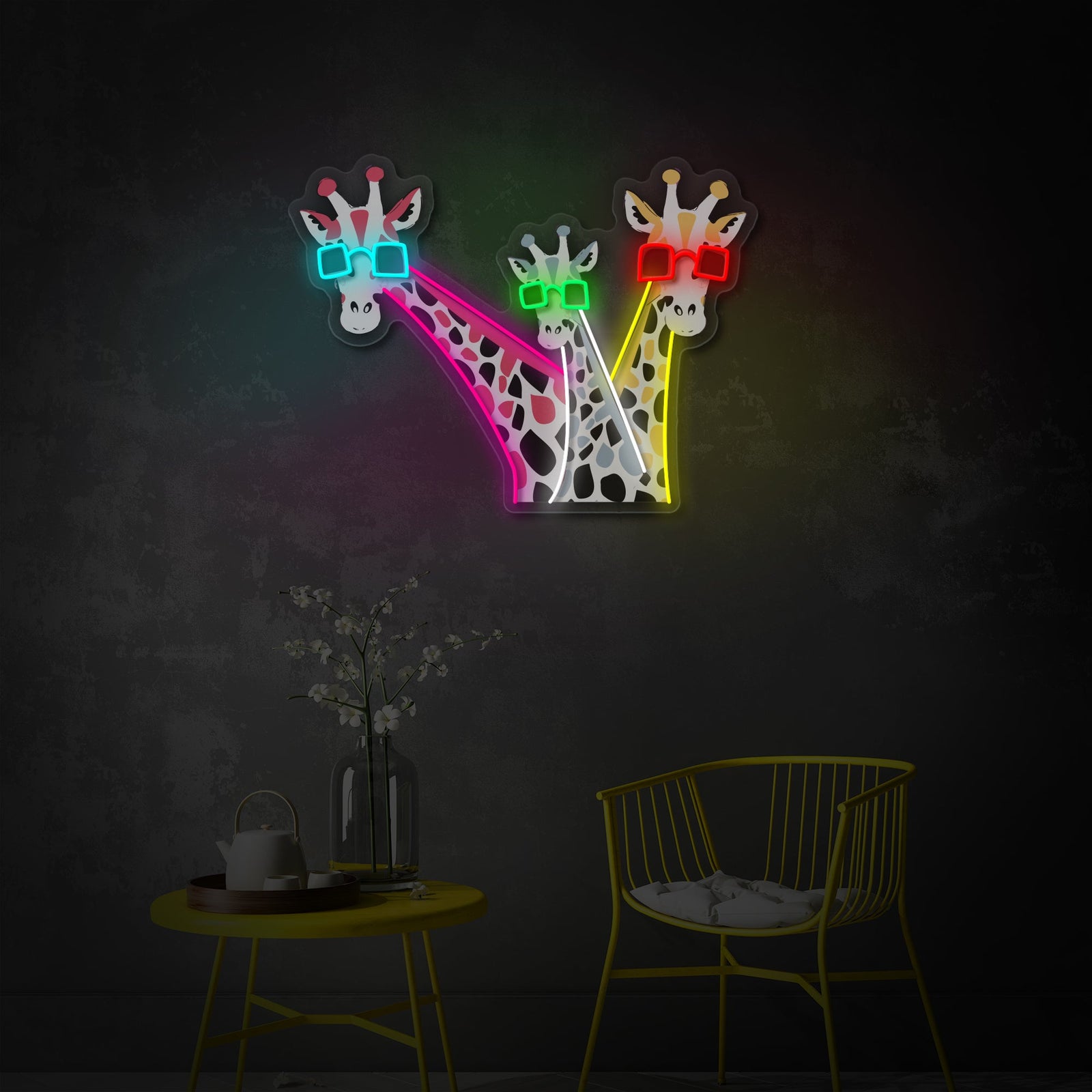 Close-up detail shot showing the UV printed texture of the giraffes and the attached LED neon flex tubing.