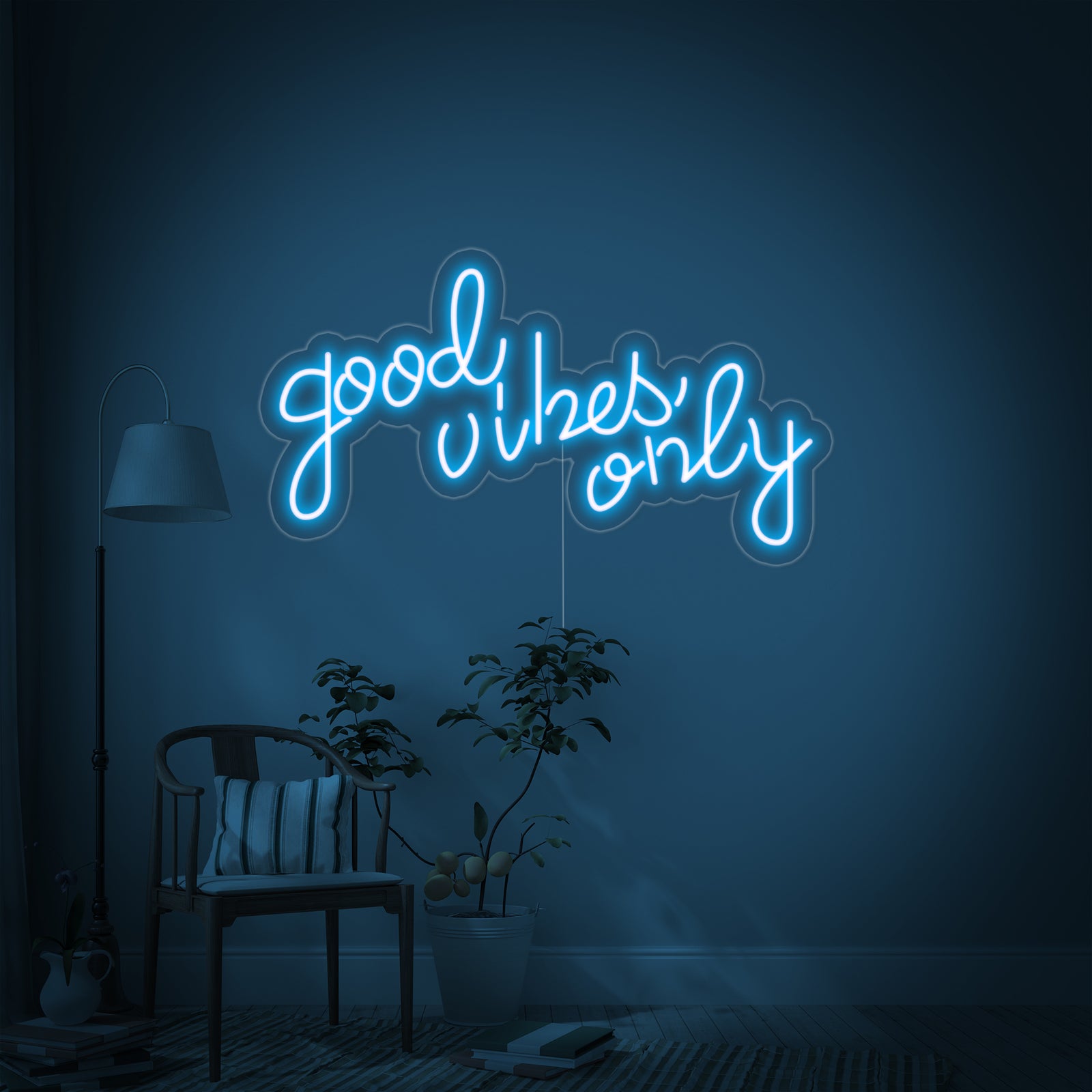 Flat view showing the Good Vibes Only neon sign design, illuminating with light on a clean acrylic backing with a black power cord visible.