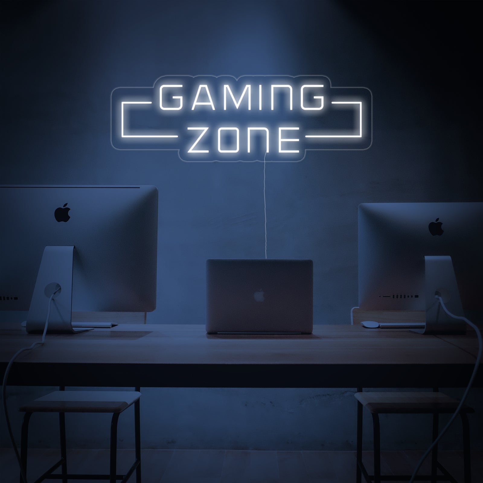 A glowing 'Game Zone, Game Wall Art' neon sign mounted on a textured dark wall in a stylized arcade setting.