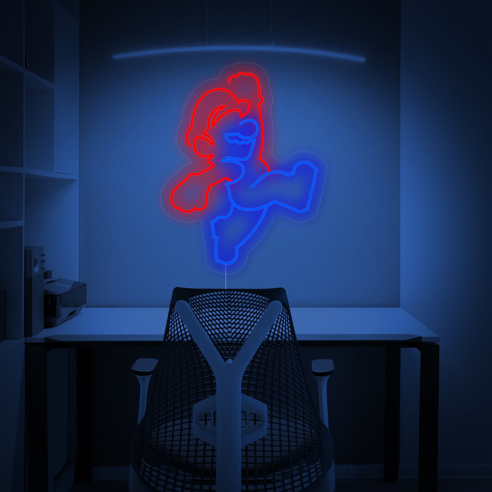 Close-up studio view of the 'Gameroom Walk Jump' neon sign, showing the clear contour-cut acrylic backing and glowing orange, blue, red, and white neon tubing.