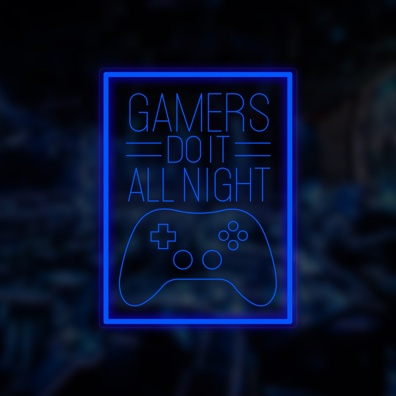 Front view graphic of the Gamers Do It All Night mini neon sign featuring a glowing red circular border, white text, and a white game controller icon.