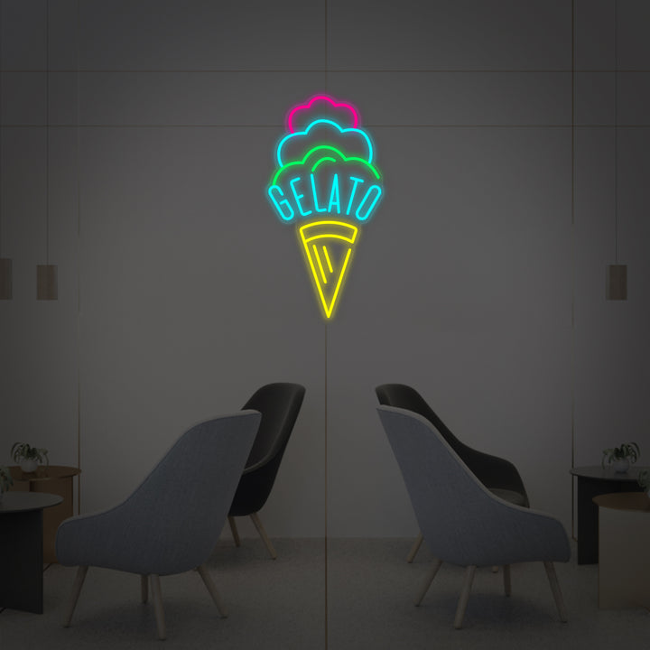 A stylized visual simulation showing the 'Gelato' neon sign design illuminating a modern ice cream shop interior at night.