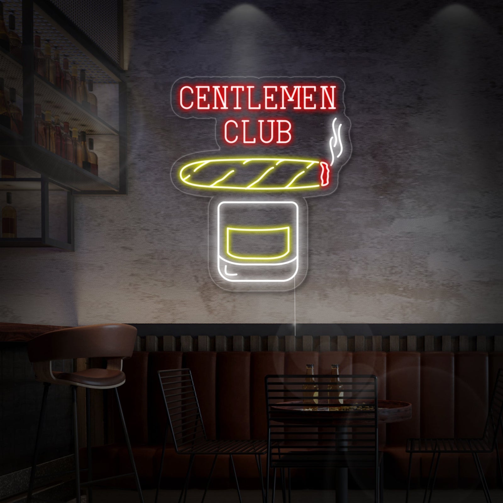A clean, professional mockup photograph of the 'Gentlemen Club Whiskey Cigar' neon sign mounted on a textured brick wall in a well-lit commercial bar setting. The sign glows brightly in rich red and gold colors, with clear, crisp tubes and acrylic backing visible. Reflections of the neon light are subtly seen on a polished wooden counter below, which holds stylized cocktail glasses and spirit bottles. The image has a balanced composition, perfect for showcasing the product design.