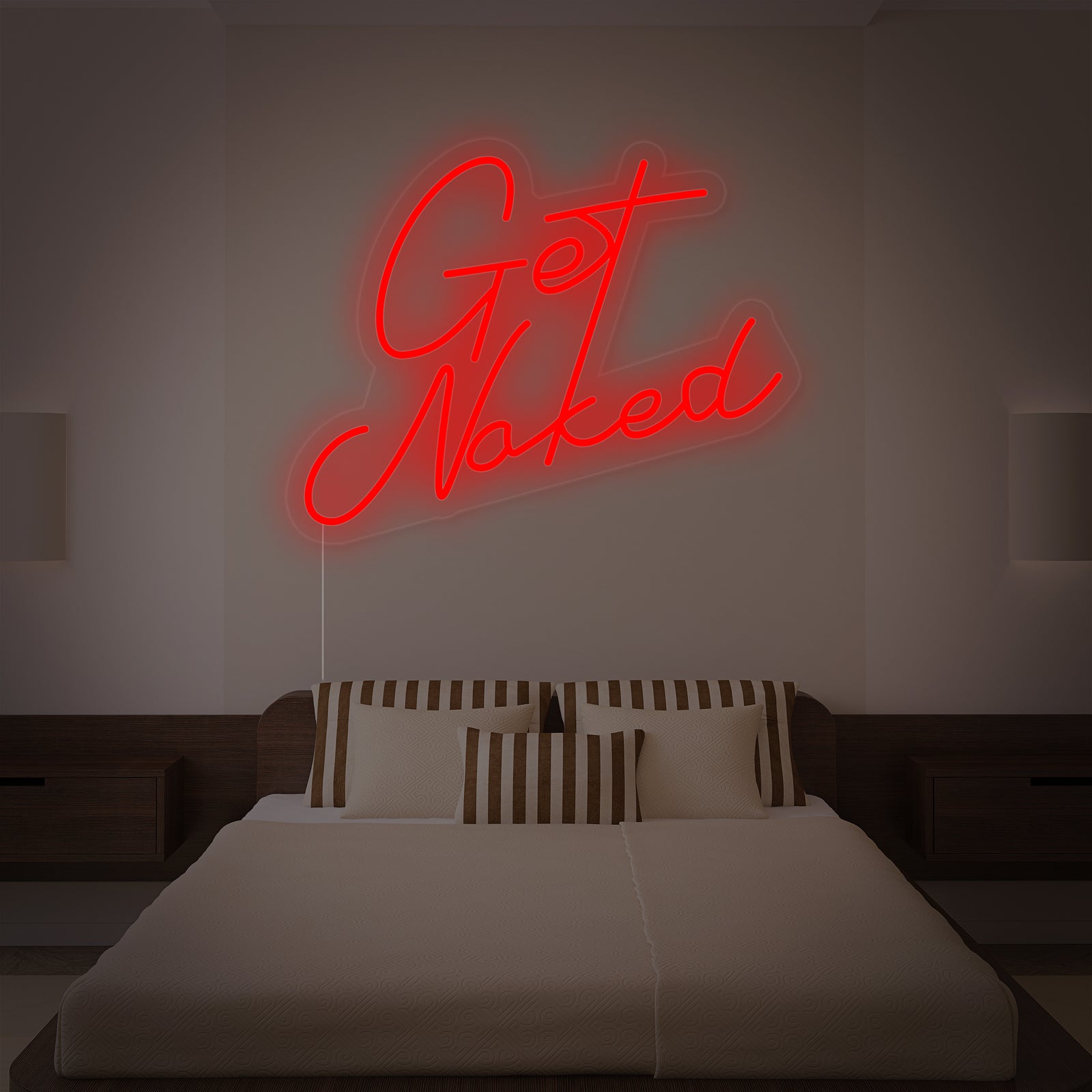 A design visualization of a glowing 'Get Naked' neon sign on a bedroom wall above a bed.
