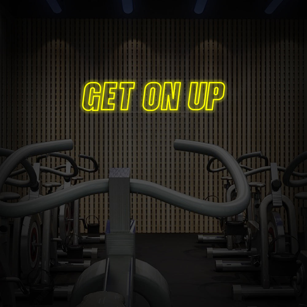 Detail view of the hand-crafted 'Get On Up' neon sign on a clear acrylic backing.